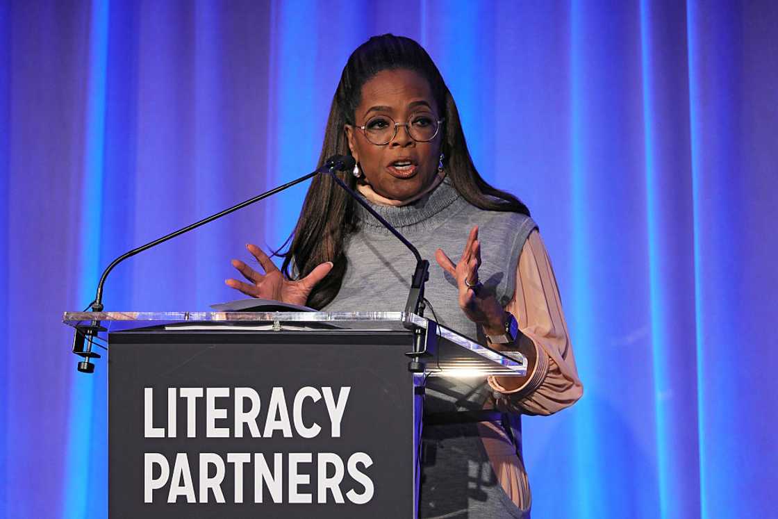 Oprah Winfrey speaking on stage at the 2025 Literacy Partners Evening of Readings & Gala Dinner