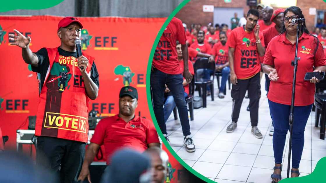 Economic Freedom Fighters (EFF) party President Julius Malema speaks during an event (L) and a community members talk about their daily struggles to Economic Freedom Fighters (EFF) party