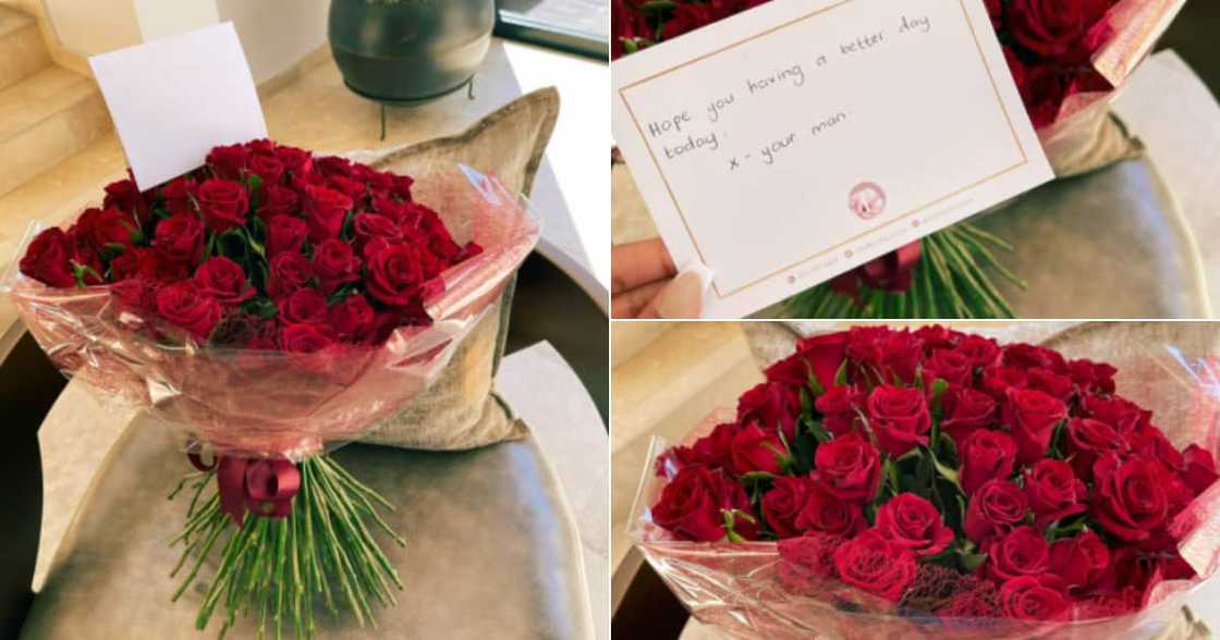 NAOMI- Lady shows off roses, got from bae, signed, "your man" NAOMI- Lady shows off roses, got from bae, signed, "your man"
