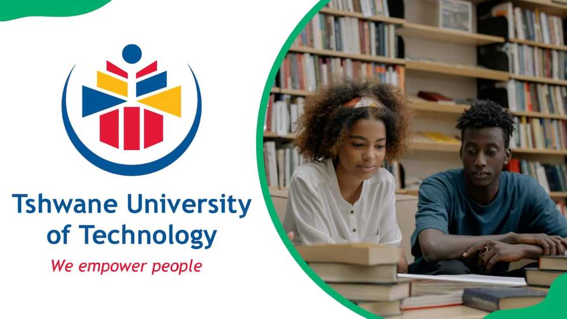 TUT logo and students reading inside a library