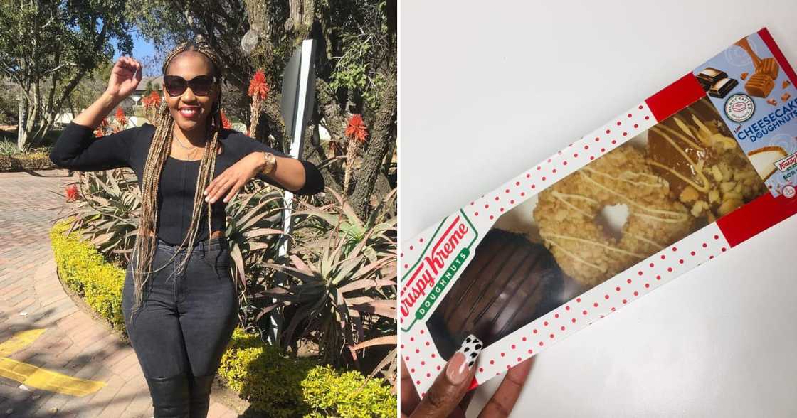 Facebook user Noby Radebe and the box of doughnuts she bought for her son's bae Facebook user Noby Radebe and the box of doughnuts she bought for her son's bae