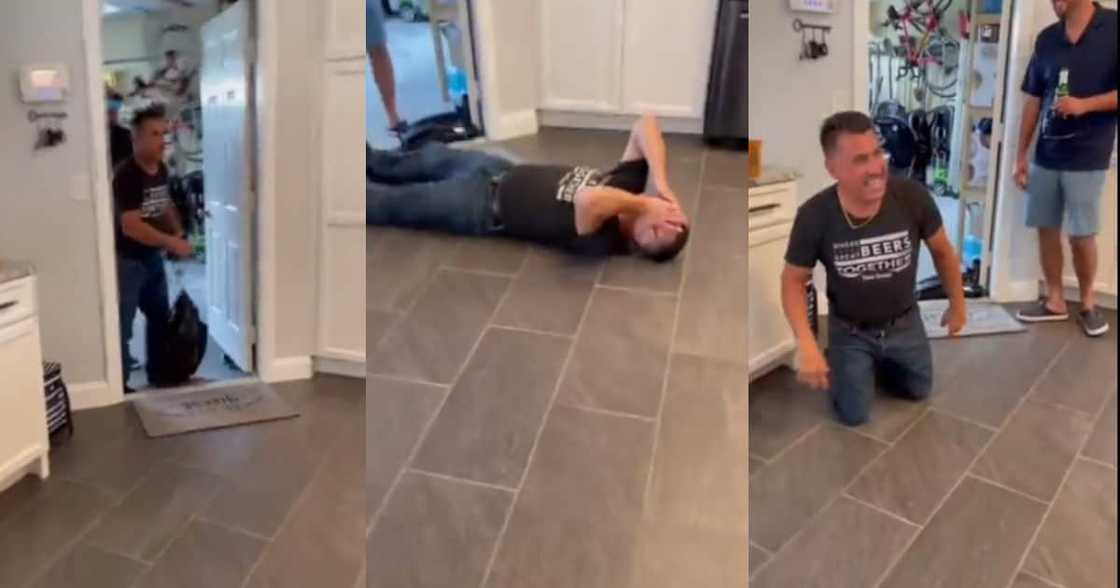 Man Drops to Floor after His Brothers Pay Surprise Visit. Man Drops to Floor after His Brothers Pay Surprise Visit.