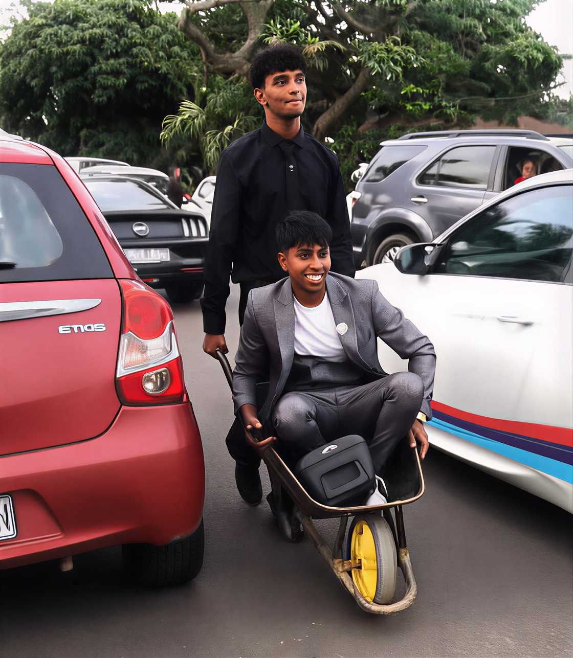 A young man in Grade 12 made his entrance at the matric dance in a wheelbarrow. A young man in Grade 12 made his entrance at the matric dance in a wheelbarrow.