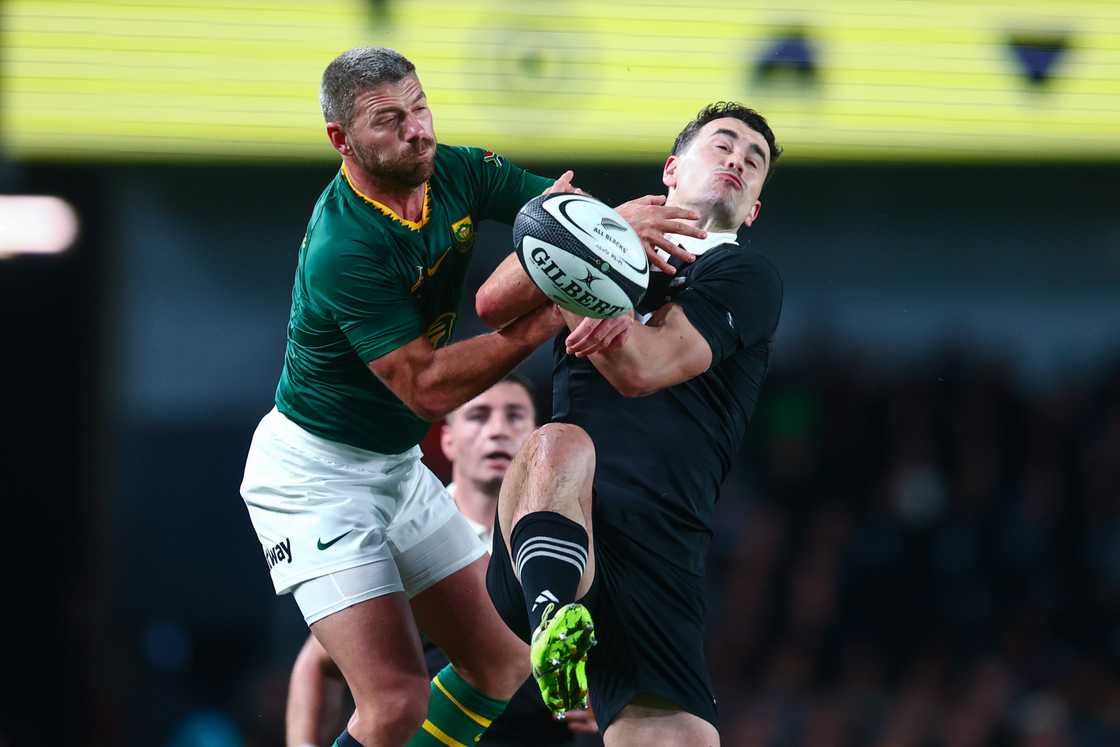 Springboks star Willie le Roux in action against Will Jordan during the New Zealand vs South Africa Rugby Championship match Springboks star Willie le Roux in action against Will Jordan during the New Zealand vs South Africa Rugby Championship match