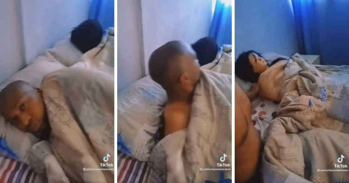 This unsuspecting man is falling for his lover's prank. This unsuspecting man is falling for his lover's prank.