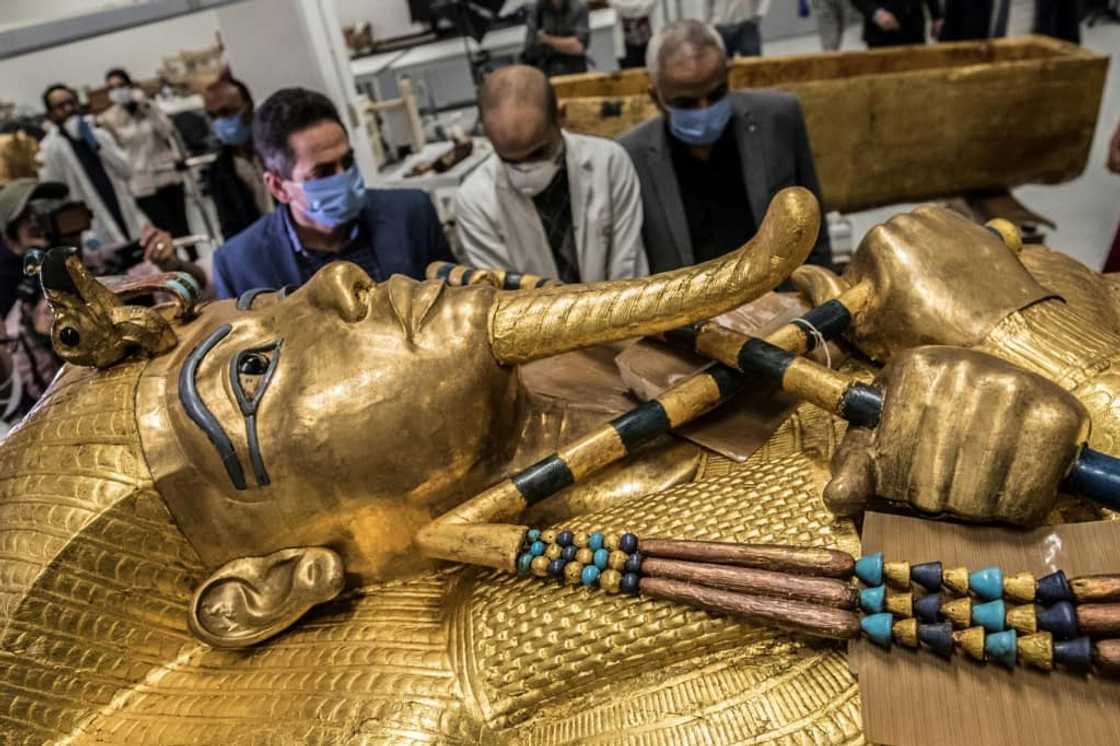 The golden sarcophagus of the Egyptian pharaoh Tutankhamun in a restoration lab at the newly-built Grand Egyptian Museum in Giza The golden sarcophagus of the Egyptian pharaoh Tutankhamun in a restoration lab at the newly-built Grand Egyptian Museum in Giza