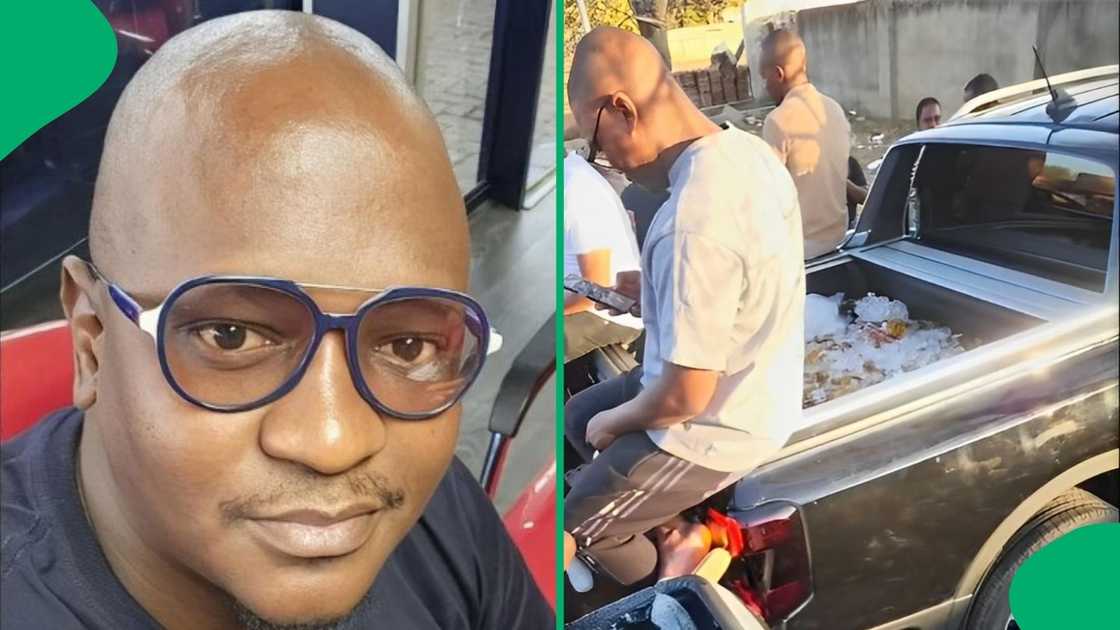 A man and his friends filled two bakkies with alcohol. A man and his friends filled two bakkies with alcohol.
