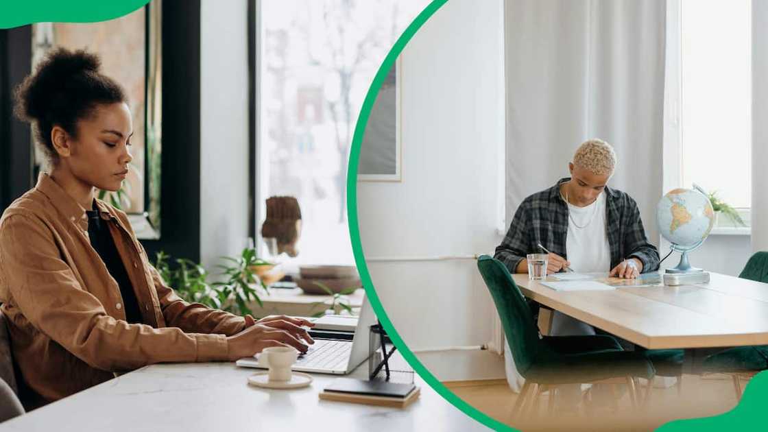 A woman in a brown shirt and a man in a checkered shirt are studying on desks A woman in a brown shirt and a man in a checkered shirt are studying on desks