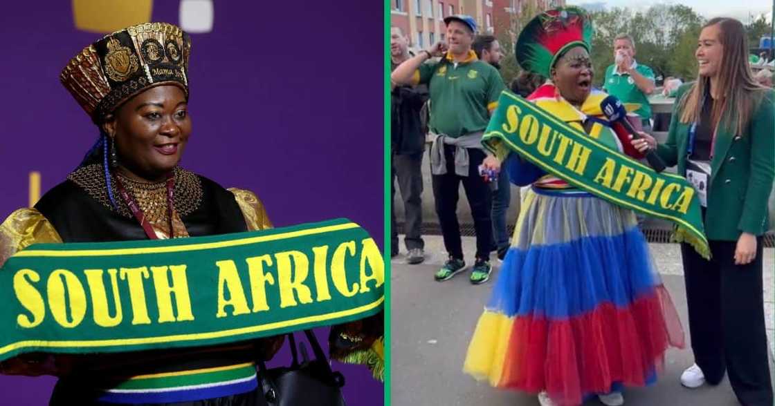 South Africa fan Mama Joy arrives prior to the FIFA World Cup Qatar 2022 Final Draw at the Doha Exhibition Center