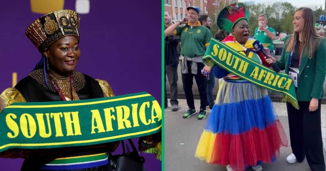 South Africa fan Mama Joy arrives prior to the FIFA World Cup Qatar 2022 Final Draw at the Doha Exhibition Center South Africa fan Mama Joy arrives prior to the FIFA World Cup Qatar 2022 Final Draw at the Doha Exhibition Center