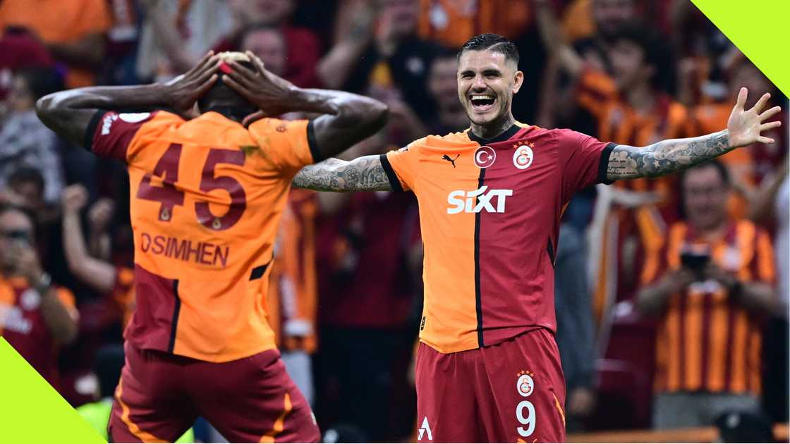 Victor Osimhen and Mauro Icardi celebrate after the Nigerian scores for Galatasaray against Kasimpasa.