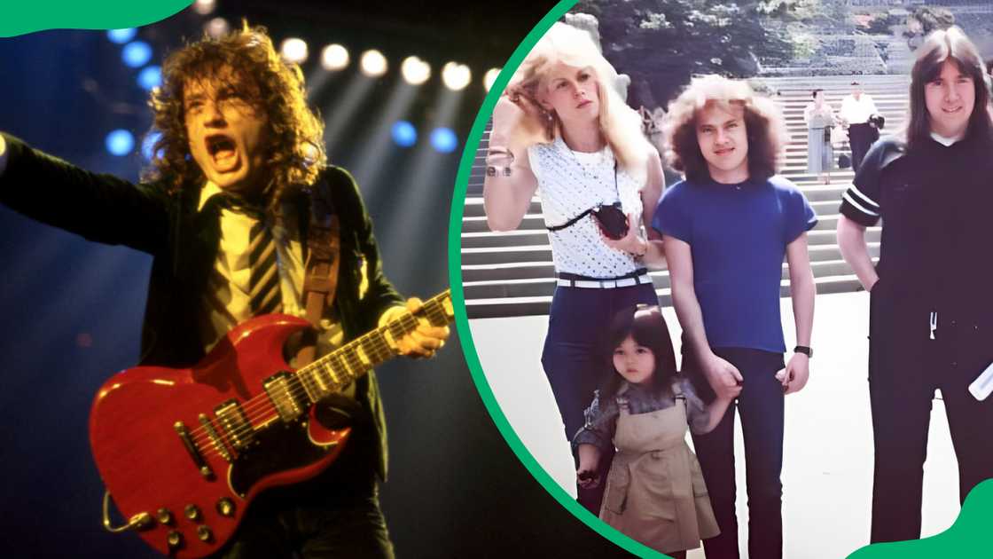 Angus Young onstage at the Joe Louis Arena (L). Angus, his wife and friend (R).