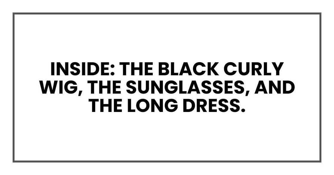 Inside: the black curly wig, the sunglasses, and the long dress. Inside: the black curly wig, the sunglasses, and the long dress.
