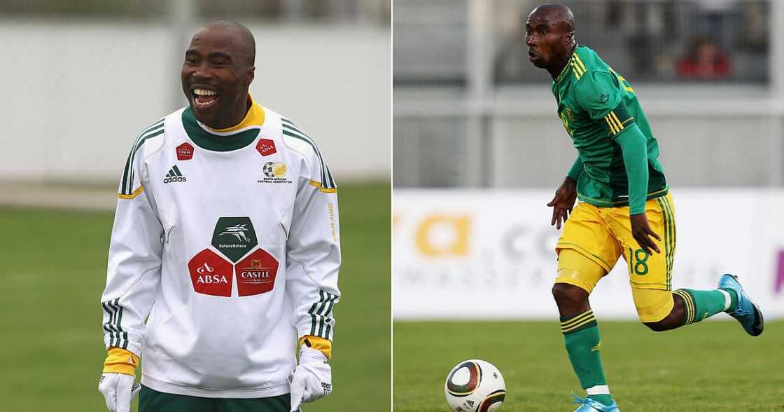 Siyabonga Nomvethe in action on the field during his playing days as a South African football legend.