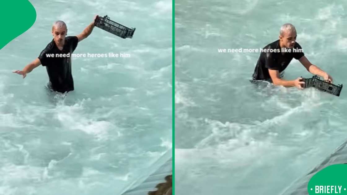 The visual on the right showed the man carrying the duck with a crate
