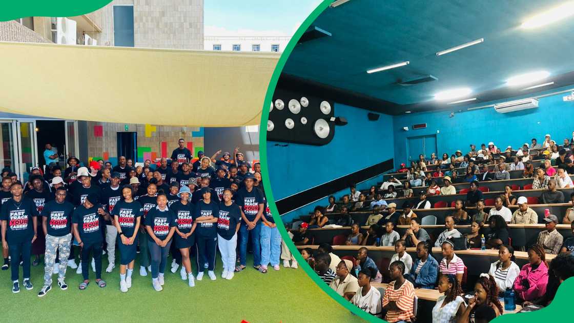 Rosebank College in matching black tees and students listening to a speaker during a conference Rosebank College in matching black tees and students listening to a speaker during a conference