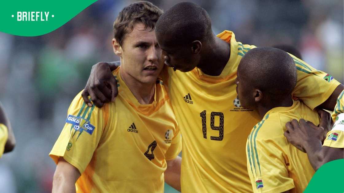 Lebohang Mokoena, Concacaf Gold Cup, Mexico, Philip Evans and Lungisani Ndlela Lebohang Mokoena, Concacaf Gold Cup, Mexico, Philip Evans and Lungisani Ndlela