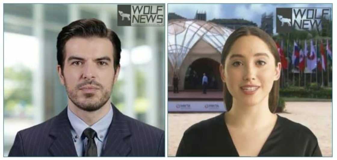The "news broadcasters" appear stunningly real, but they are AI-generated deepfakes in a first-of-its-kind propaganda video that a research report published on February 7, 2023 attributed to Chinese state-aligned actors. PERMISSION PENDING - This undated handout screen grab image of AI generated videos shared on social media and downloaded by Graphika as part of their investigation into deepfake disinformation campaigns shows two AI-generated news anchors in Wolf News videos. The "news broadcasters" appear stunningly real, but they are AI-generated deepfakes in a first-of-its-kind propaganda video that a research report published on February 7, 2023 attributed to Chinese state-aligned actors. PERMISSION PENDING - This undated handout screen grab image of AI generated videos shared on social media and downloaded by Graphika as part of their investigation into deepfake disinformation campaigns shows two AI-generated news anchors in Wolf News videos.