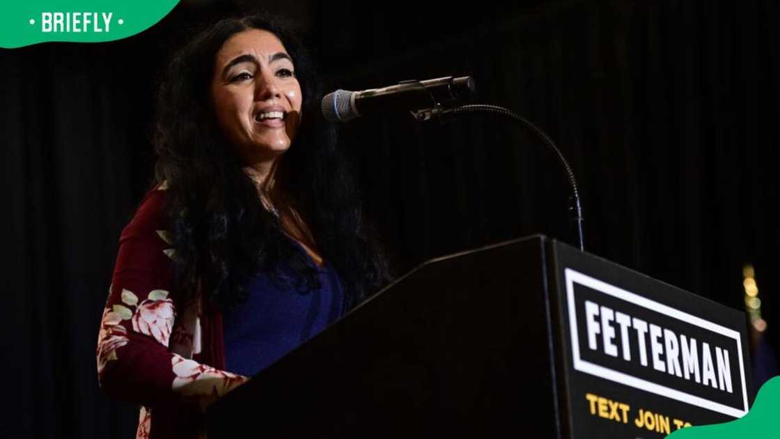 Gisele Barreto Fetterman during a rally at Nether Providence Elementary School in 2022 Gisele Barreto Fetterman during a rally at Nether Providence Elementary School in 2022