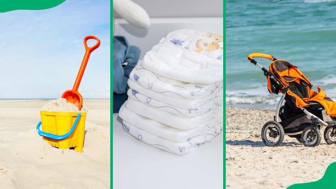 Yellow and pail and red shovel toys (L). A stack of diapers (C). An empty stroller stands on the sand (R)