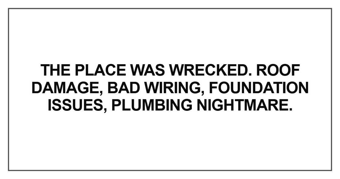 The place was wrecked. Roof damage, bad wiring, foundation issues, plumbing nightmare The place was wrecked. Roof damage, bad wiring, foundation issues, plumbing nightmare