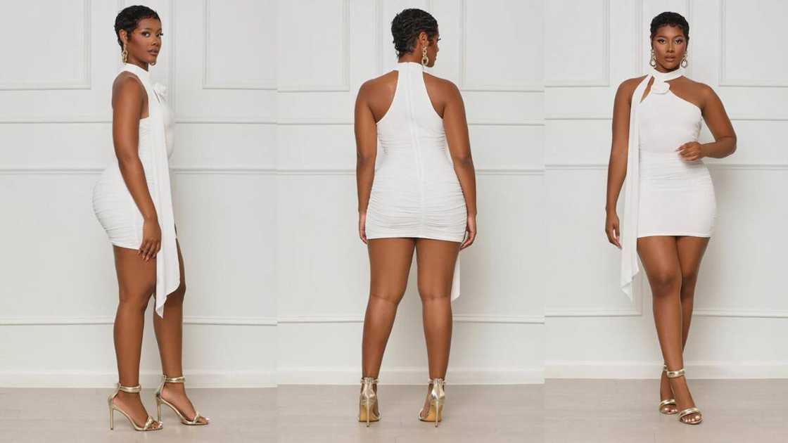 Ruched mini with side drape and floral detail Ruched mini with side drape and floral detail