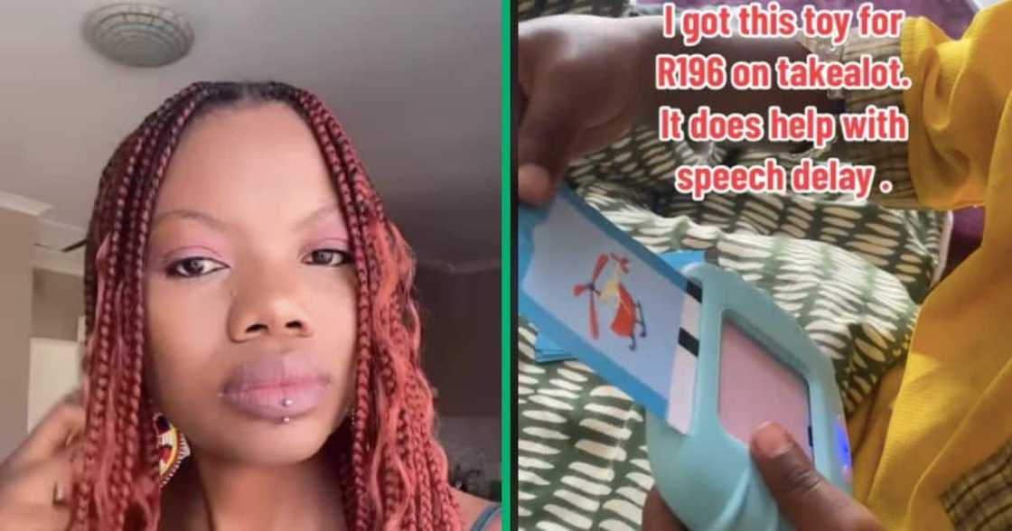 A woman bought her son a speech development toy A woman bought her son a speech development toy