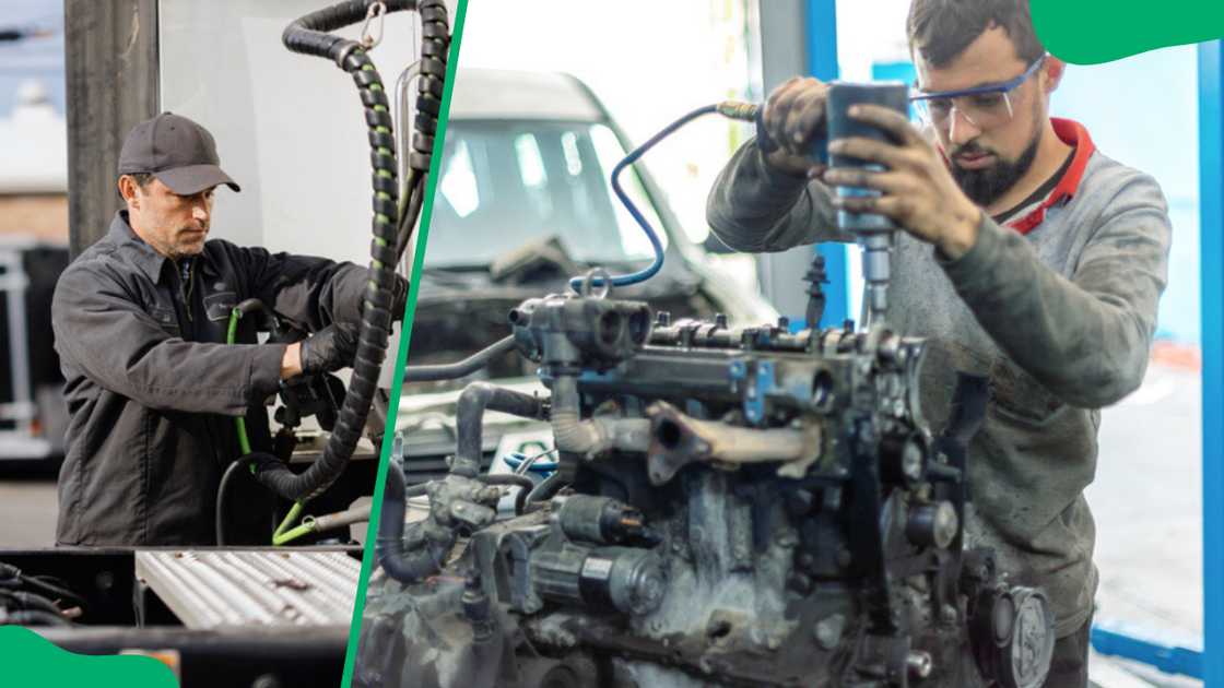 A mechanic working on an engine and a young technician repairing a car engine