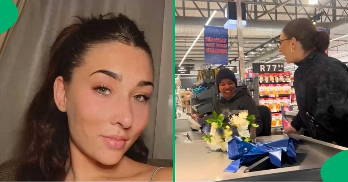 Young woman shows kind gesture to a cashier.