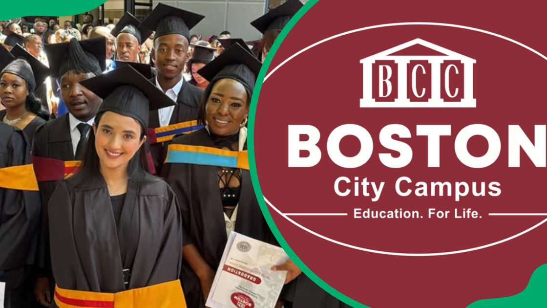 Boston College graduates and logo Boston College graduates and logo