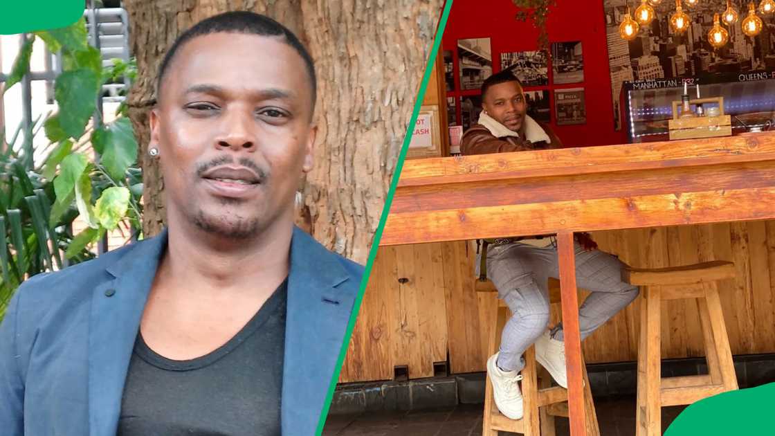 Clayton Misoya is seen in a blue jacket, and he sits in a wooden bar Clayton Misoya is seen in a blue jacket, and he sits in a wooden bar