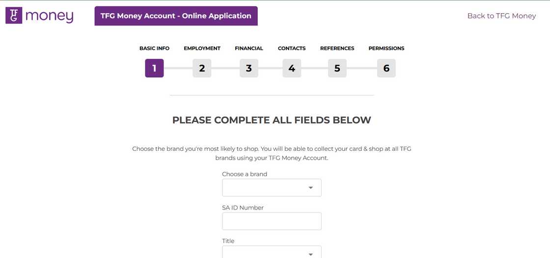 TFG account application page