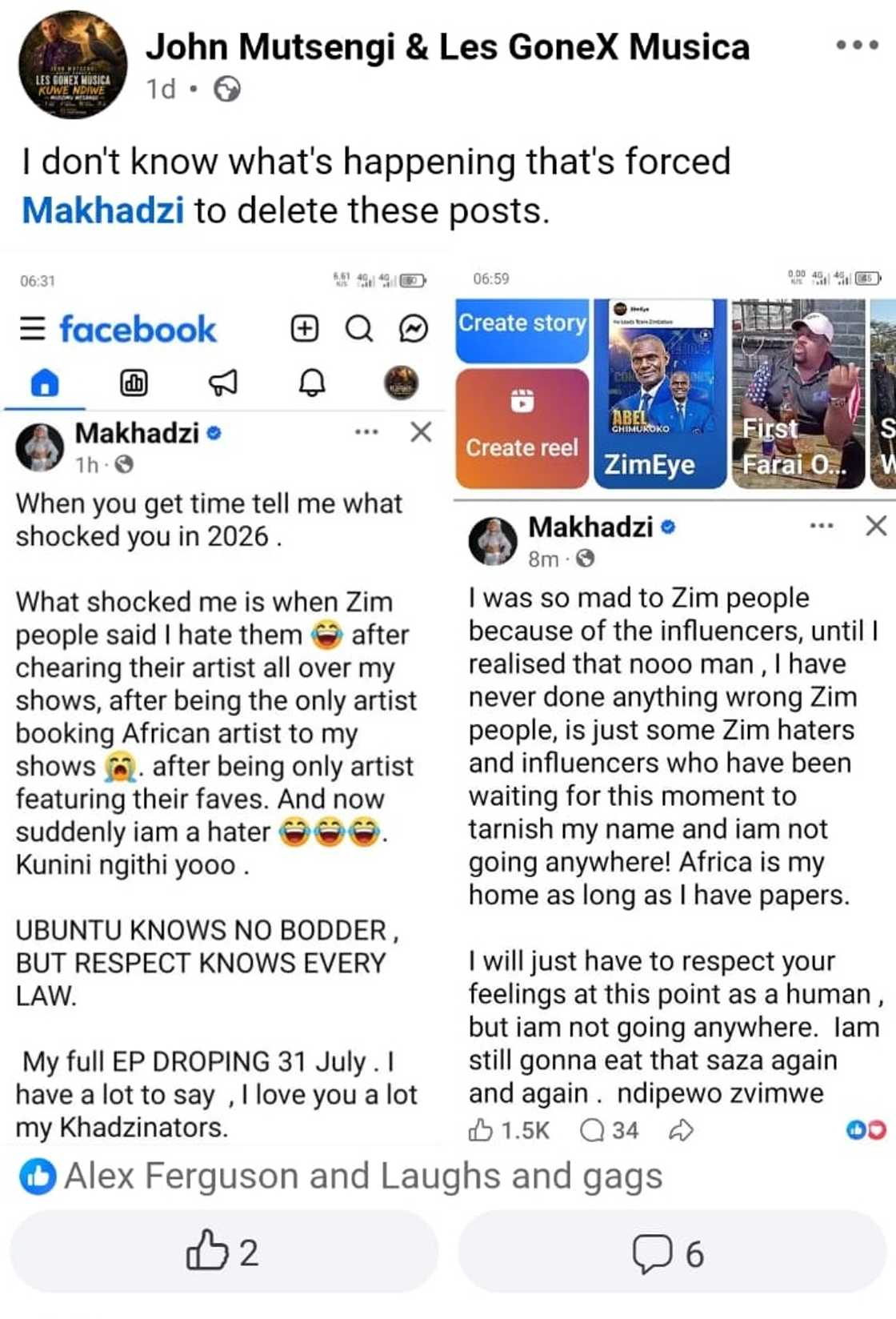 Screenshot of John Mutsengi & Les GoneX Musica's pictures on Facebook showing Makhadzi's deleted posts