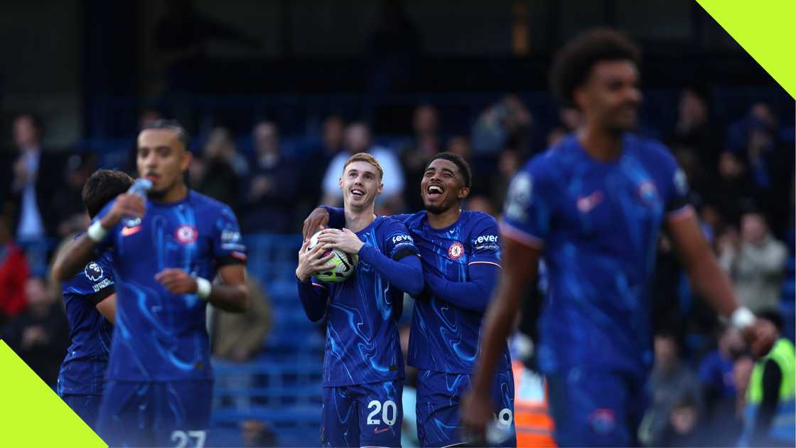 Cole Palmer, Renato Veiga, Wesley Fofana, Malo Gusto, Chelsea, Brighton, Stamford Bridge, London. Cole Palmer, Renato Veiga, Wesley Fofana, Malo Gusto, Chelsea, Brighton, Stamford Bridge, London.