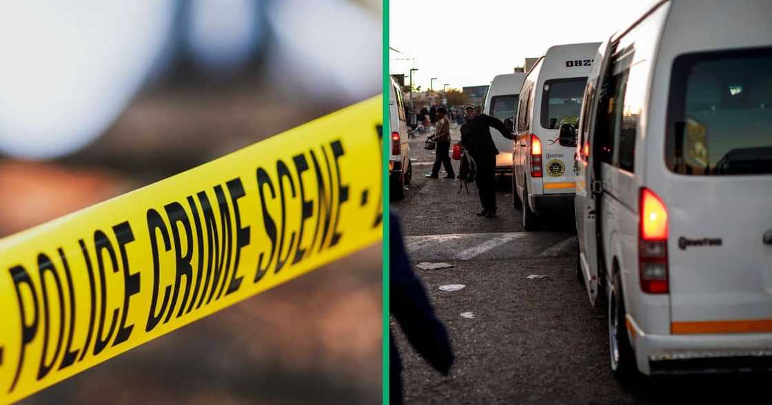 Collage image of police tape and taxis at a taxi rank Collage image of police tape and taxis at a taxi rank