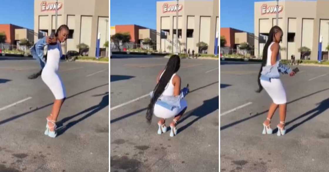 Beautiful woman dancing in heels in a parking lot