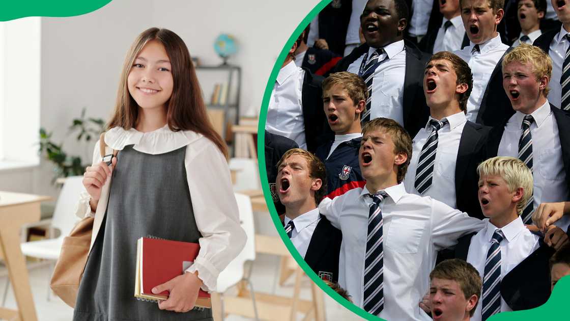 A young girl and a group of young men singing A young girl and a group of young men singing