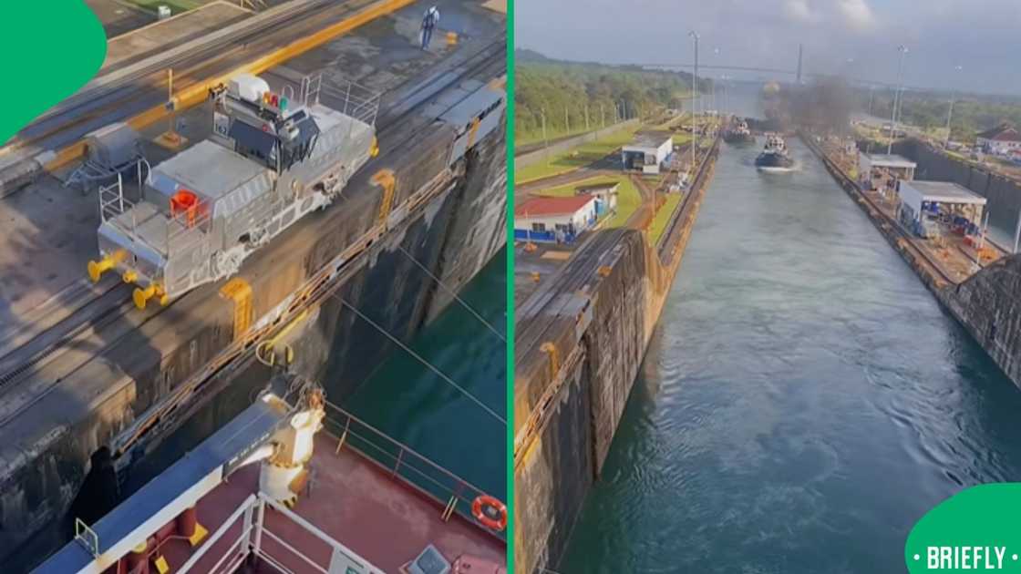 The visual on the right showed a ship in the water as it was about to cross the Atlantic ocean