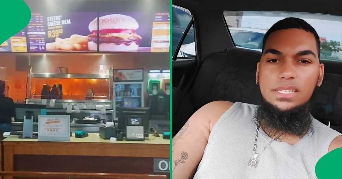 A funny gentleman wanted his burger despite the burning Steers. A funny gentleman wanted his burger despite the burning Steers.