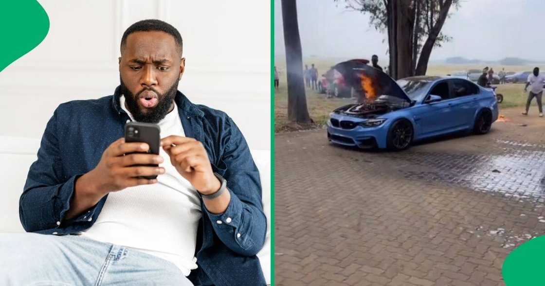 A video showed a blue BMW's engine on fire at a party or social event A video showed a blue BMW's engine on fire at a party or social event