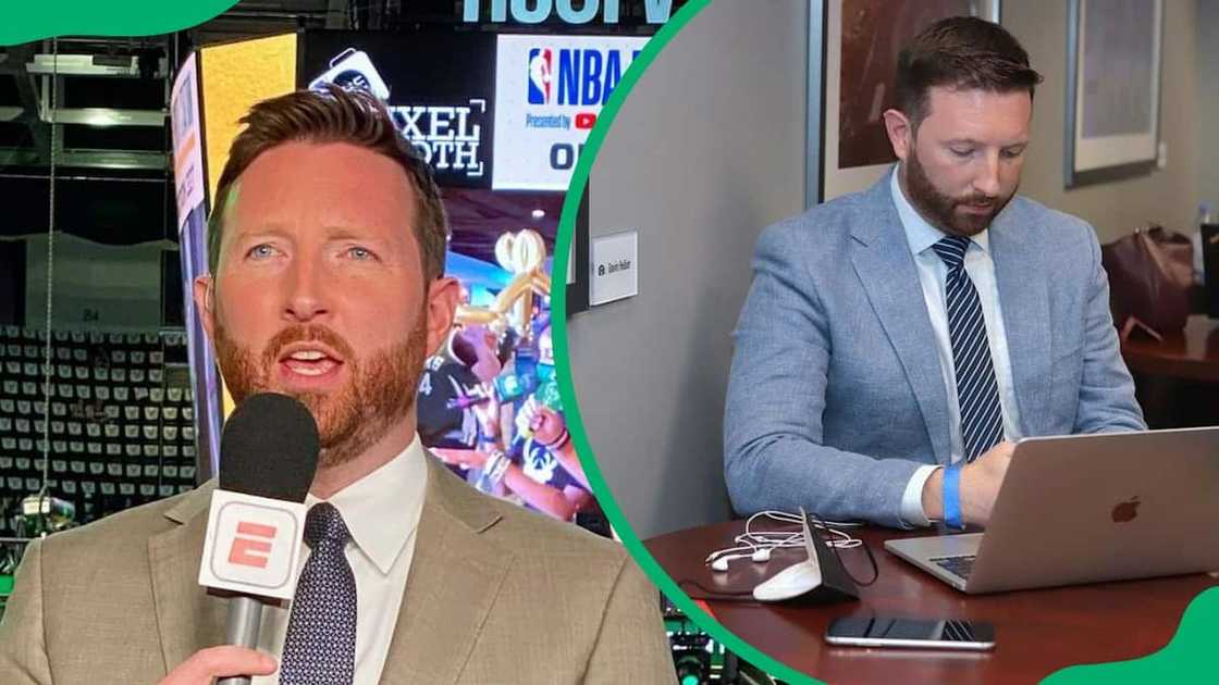 Dave McMenamin attending the NBA Finals (L). The sports journalist working on his laptop (R) Dave McMenamin attending the NBA Finals (L). The sports journalist working on his laptop (R)