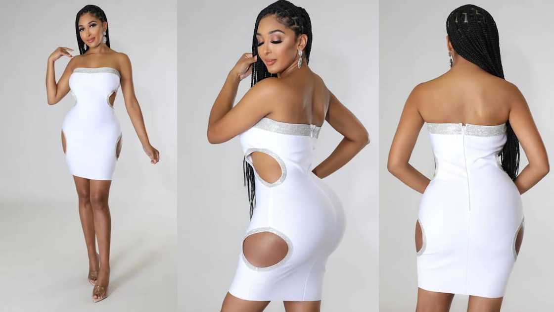 Strapless bandage dress with side cutouts and rhinestone detail Strapless bandage dress with side cutouts and rhinestone detail
