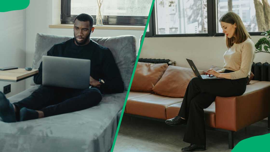 A man and a woman using laptops A man and a woman using laptops