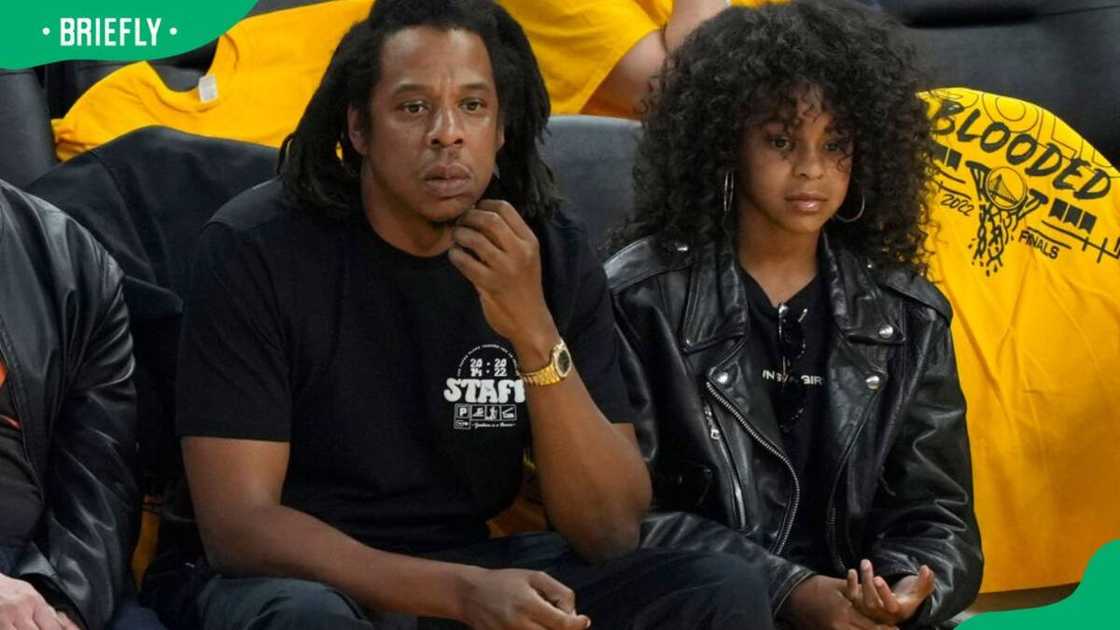 Jay-Z and his daughter, Blue Ivy Carter, during the second quarter of Game Five of the 2022 NBA Finals between the Boston Celtics and the Golden State Warriors