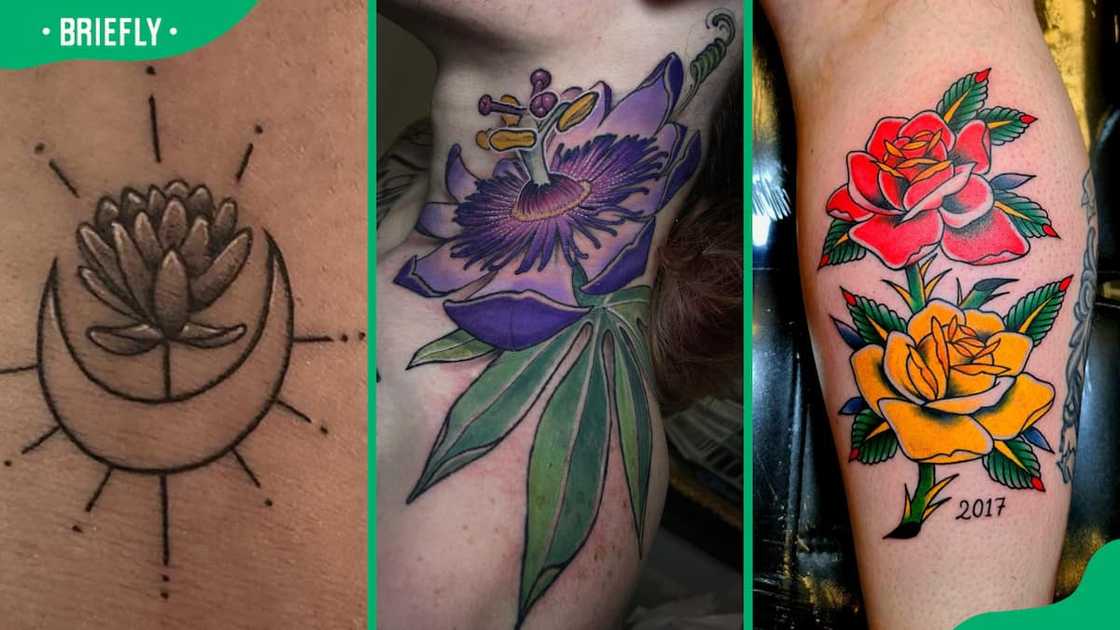 Sun & moon (L), passionflower (C) and Red & yellow tattoos (R) Sun & moon (L), passionflower (C) and Red & yellow tattoos (R)