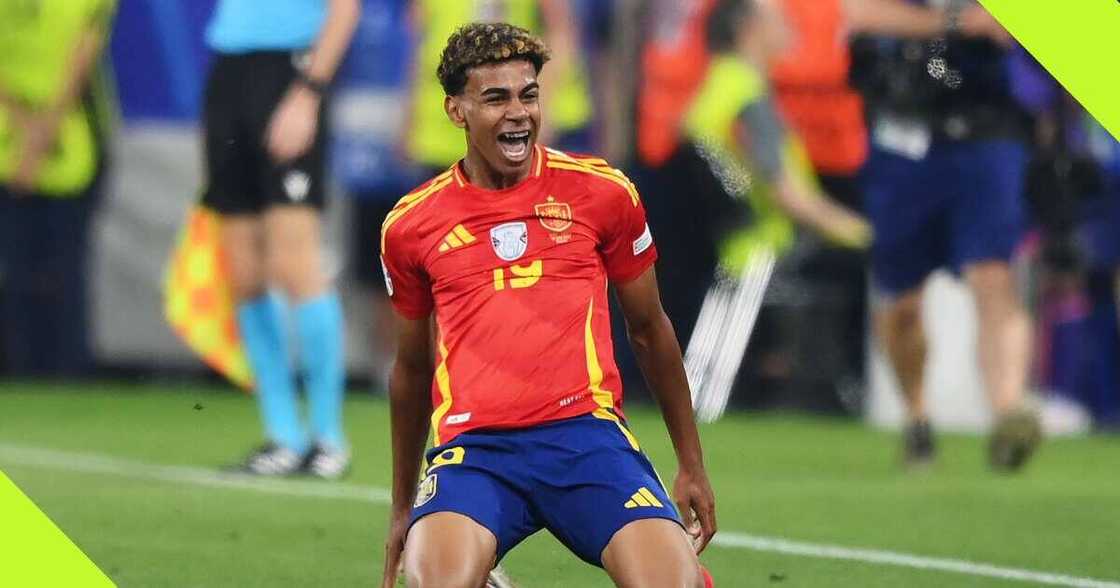 Lamine Yamal celebrates after scoring at the UEFA Euro clash against France