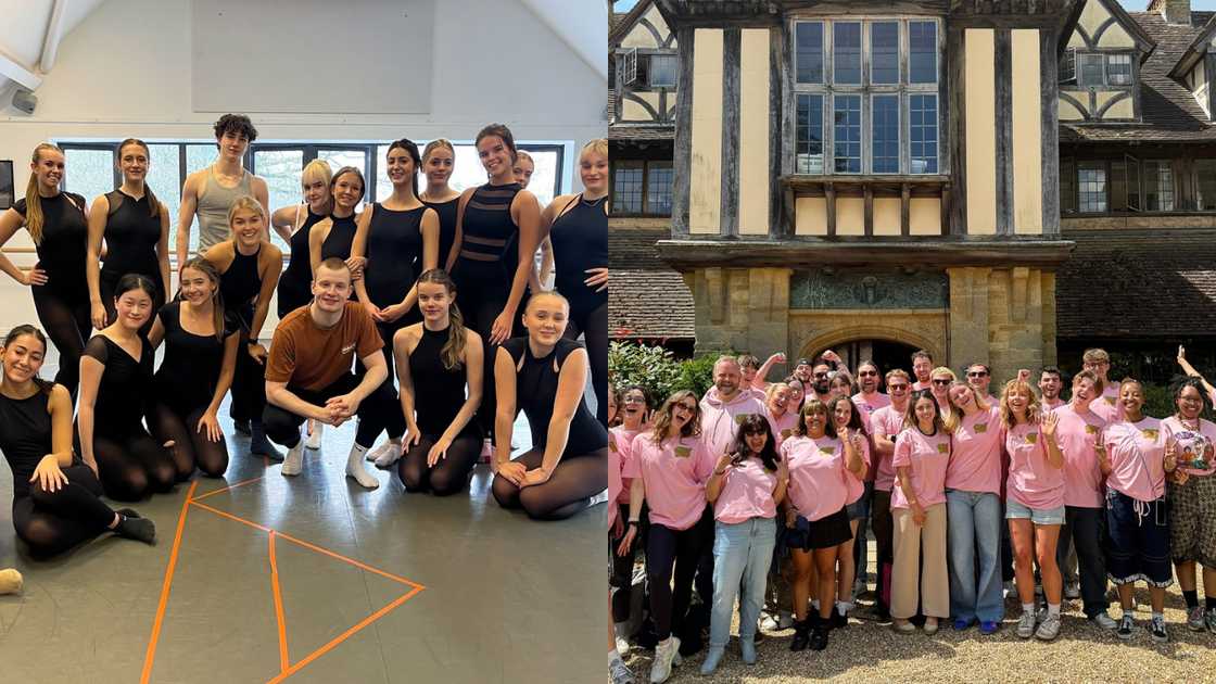 Hurtwood House dance students after practice and students in pink tees pose in front of a building