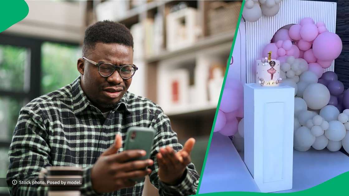Man looking confused at his phone, and a screenshot of a birthday party cake. Man looking confused at his phone, and a screenshot of a birthday party cake.