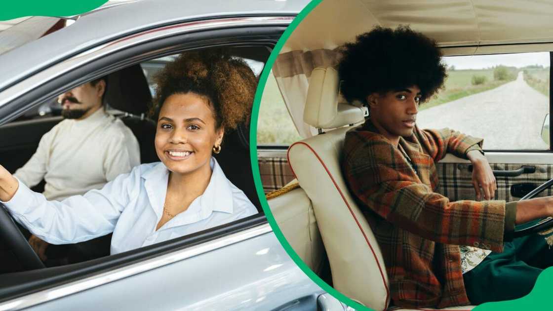 A woman in a white shirt and a young man in a checkered shirt are driving cars