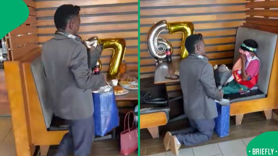 A mother was seen overwhelmed with emotion as her son presented her with gifts on her birthday A mother was seen overwhelmed with emotion as her son presented her with gifts on her birthday